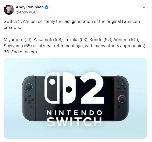 Switch2或成任天堂元老团队最后作品，传奇制作人已步入退休年龄