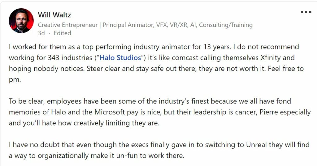 前《光环》开发者猛烈批评343 Industries：警告同行不要加入该工作室
