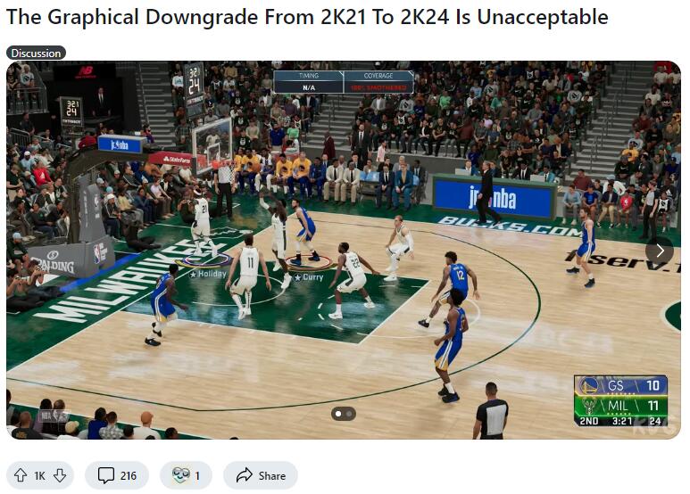 《NBA 2K25》画质遭到玩家质疑，效果上甚至不如《NBA 2K21》